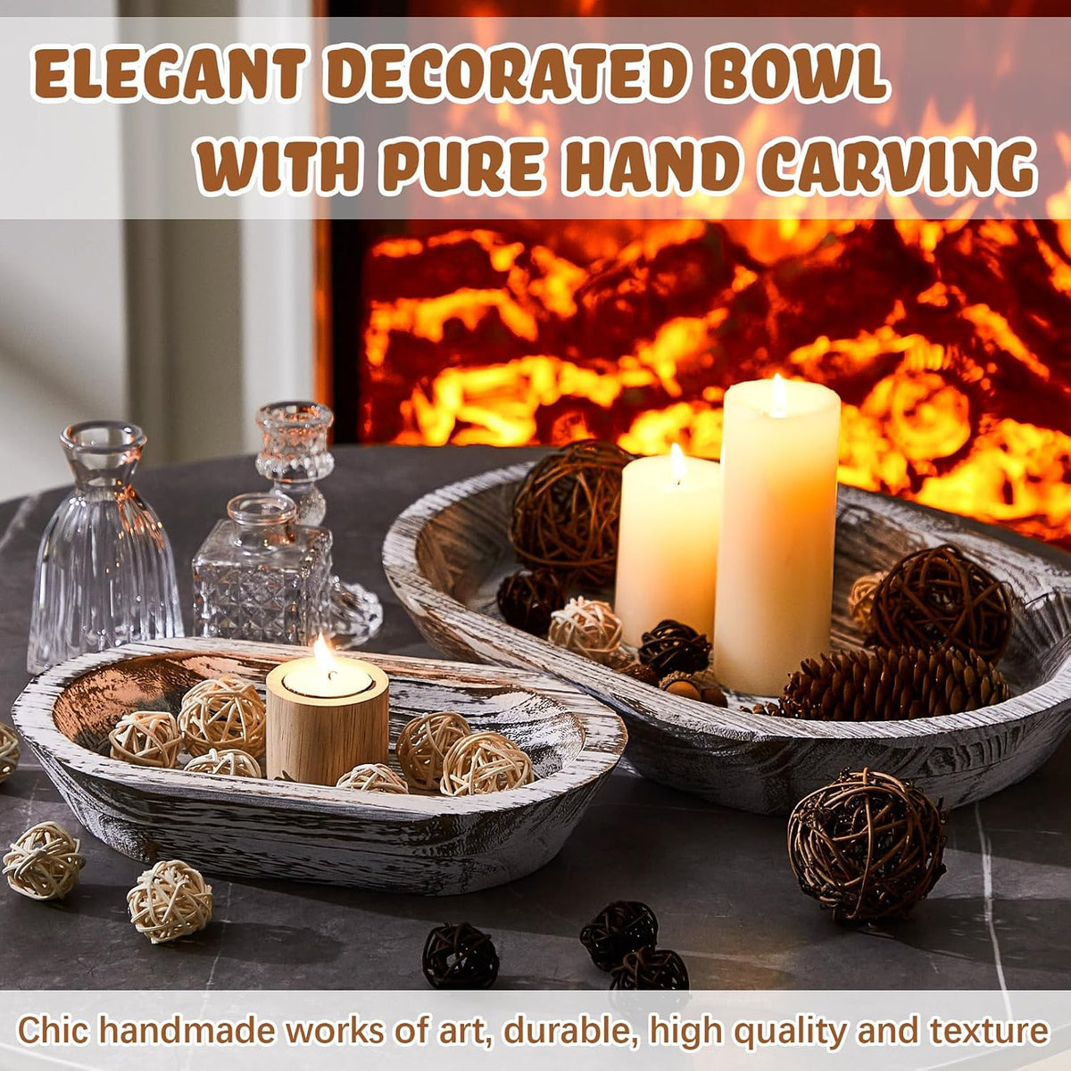 2 Pcs Wooden Dough Bowl, 10 x 6 x 2 Inch, 14 x 10 x 2 Inch, White