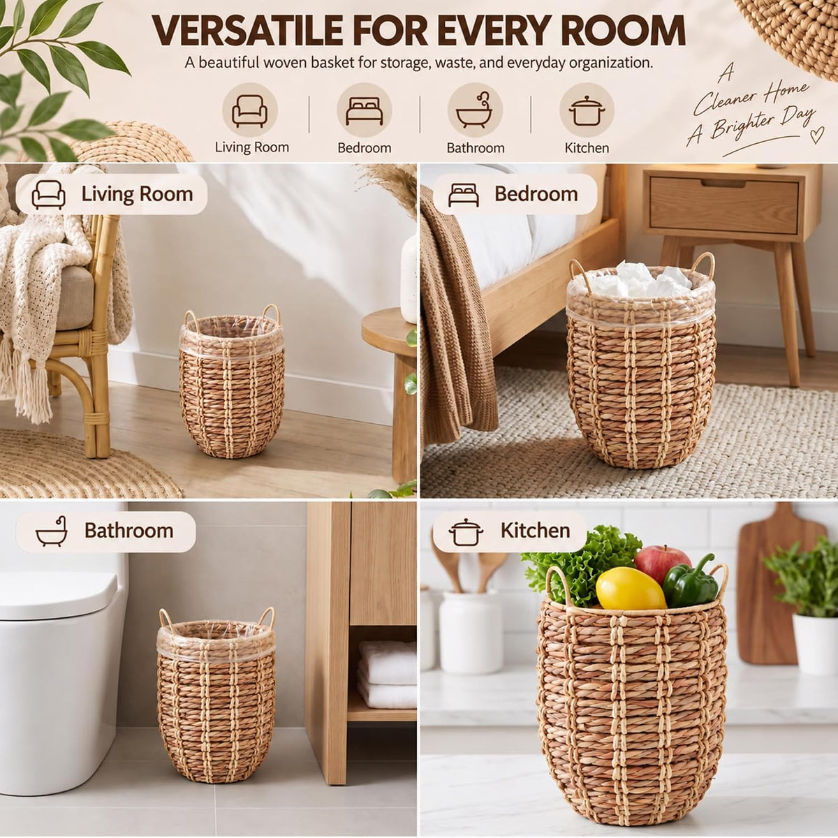 Ziliny 2 Pcs 1.7 Gallon Wicker Trash Can, Nature Round Waste Basket