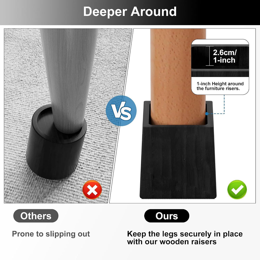 EasyPAG Bed Risers 4 inch Heavy Duty, Elevate Height 3 inch, Wood Furniture Risers for Couch Table Desk, Support 2200 Lbs, 1-inch Deep Anti-Fall Edge Bed Lifts with Non-Slip Pads, 4 Pack, Black