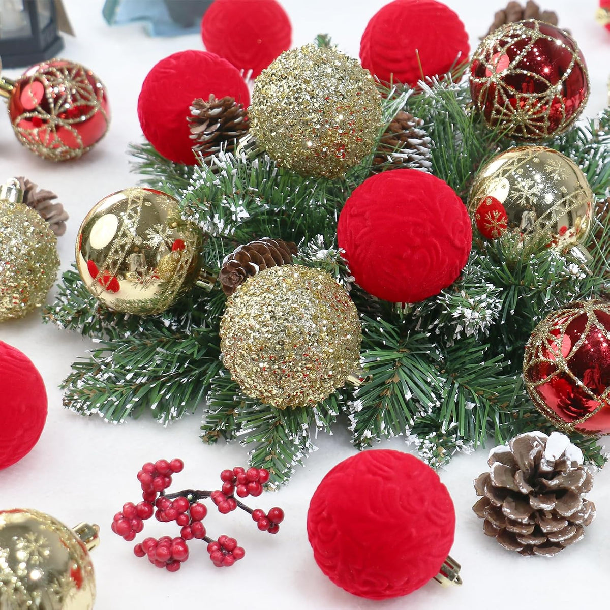 25PCS 2.36In Velvet Red/Gold Christmas Ball Tree Ornaments Decorations Set