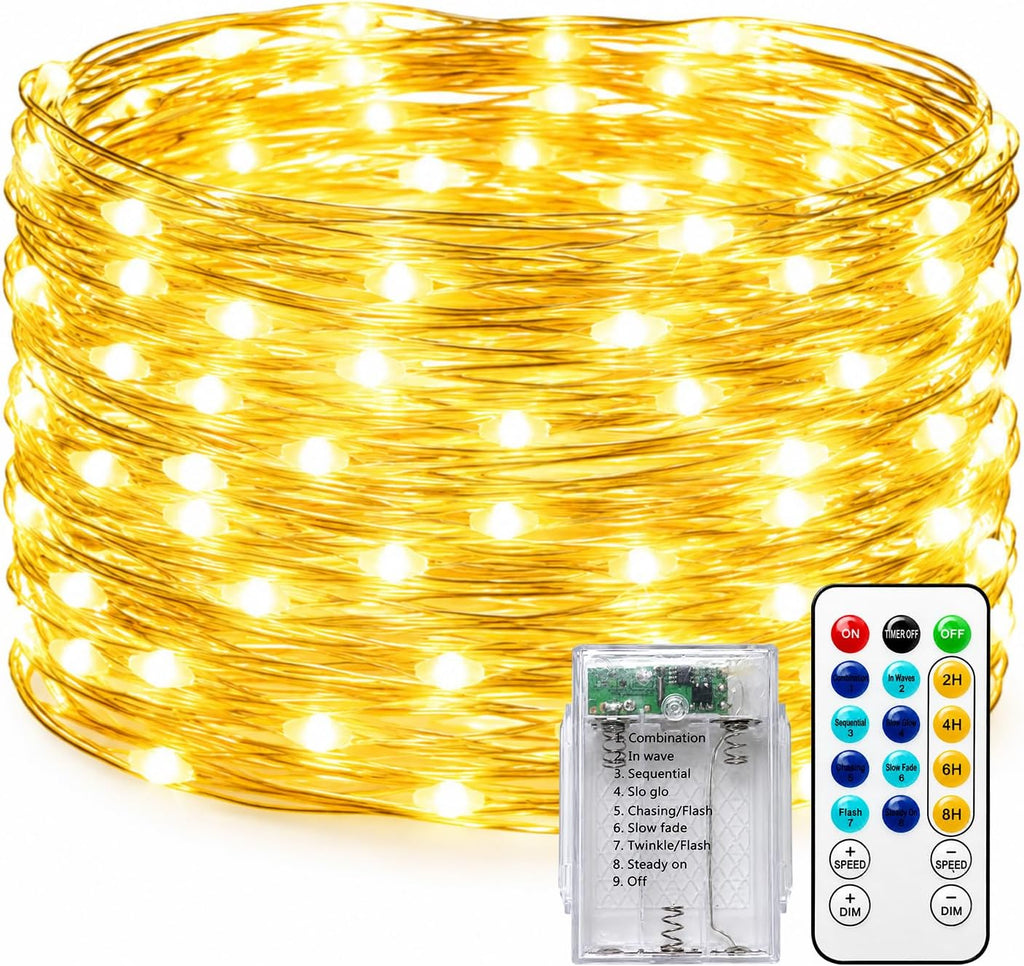 8 Mode Fairy Lights Battery Operated, 16.4FT 50 LED Twinkle String Lights with Timer & Remote, Silver Wire Waterproof Indoor Outdoor for Bedroom Christmas Wedding Dorm Decor Warm White