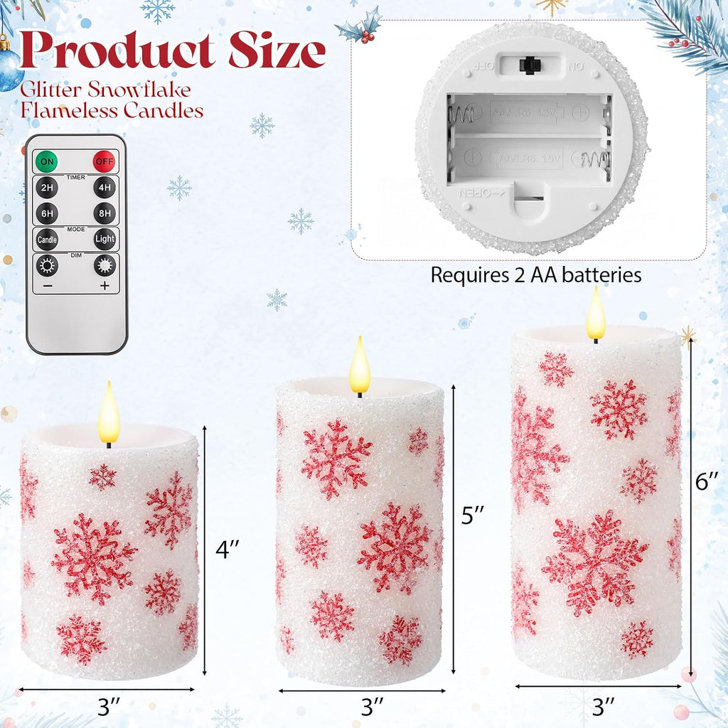 Retisee 3 Pcs Christmas Snowflake Flameless Candles 4" 5" 6"