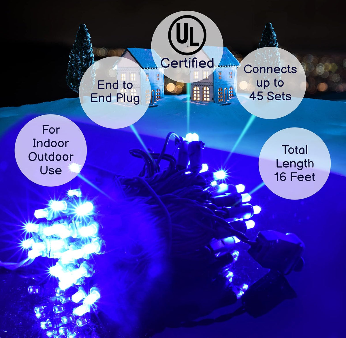 Holiday Essence Blue LED Mini Christmas Lights Set, 60 5mm Memorial Fourth of July Blue String Lights, Green Wire, for Indoor Outdoor Décor, Home, Wedding, Patio, Garden Decorations, UL Certified