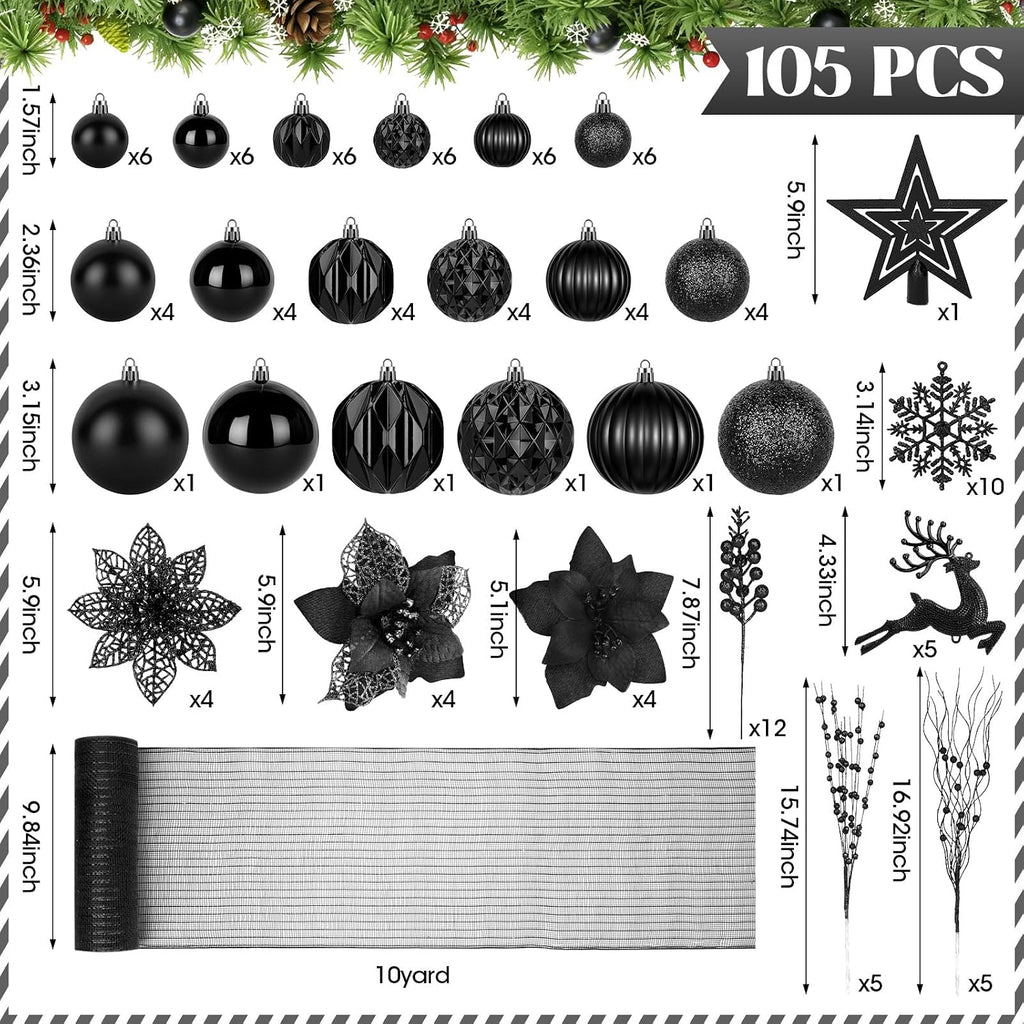 Ouddy Decor 105 Pcs Black Christmas Tree Ball Ornaments Decorations Set