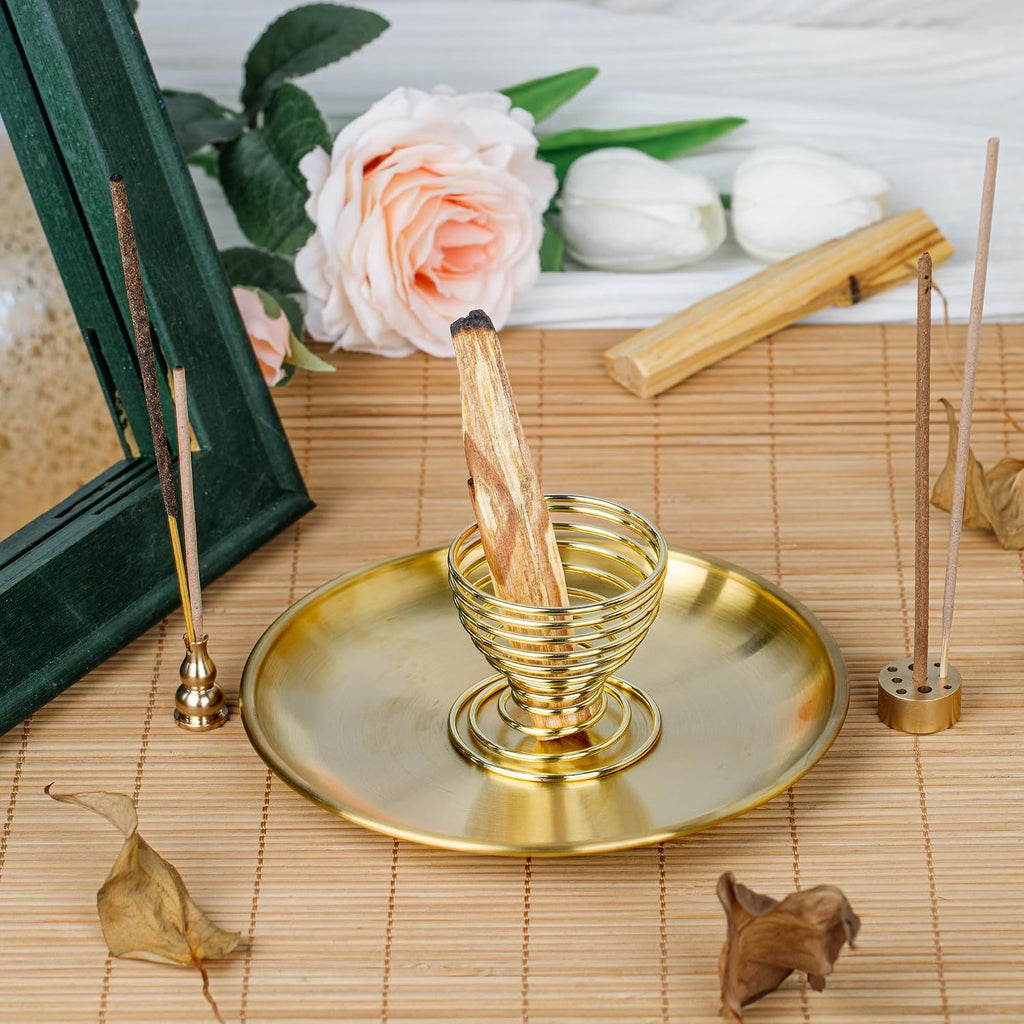 ZenBless 4 in 1 Incense Burner, Palo Santo Holder, Sage Holder, Incense Holder for Incense Sticks/Coil/Cones, 5.5 inches Brass Ash Catcher for Meditation Yoga Room