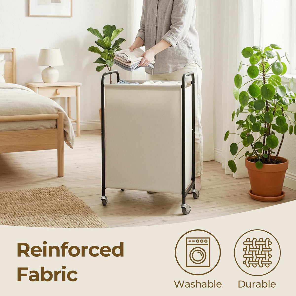 GRANNY SAYS Laundry Hamper, Slim Basket with Wheels and Handles, Beige, 80L