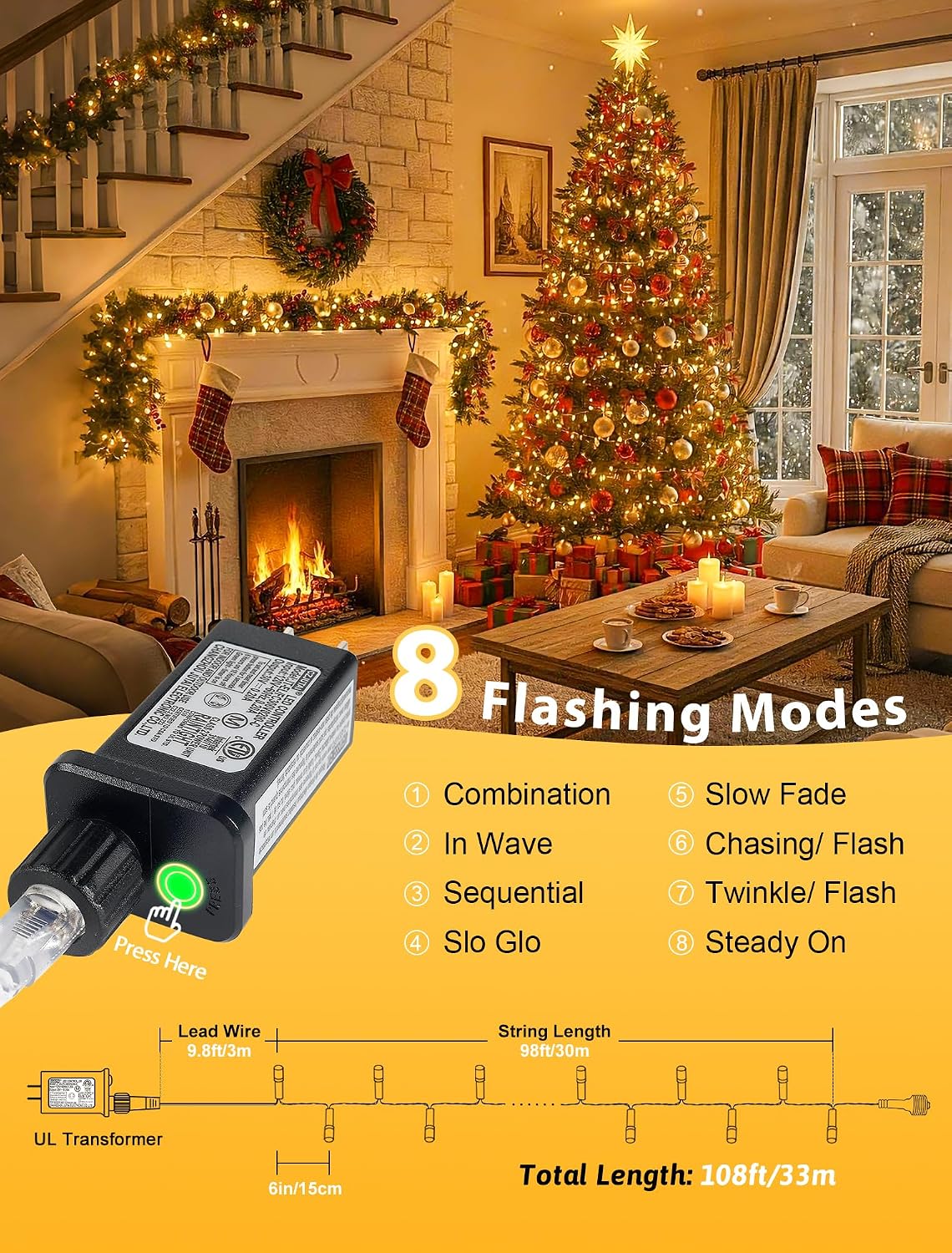 YOUNGAR Connectable 98 FT String Lights Outdoor,200 LED Christmas Lights