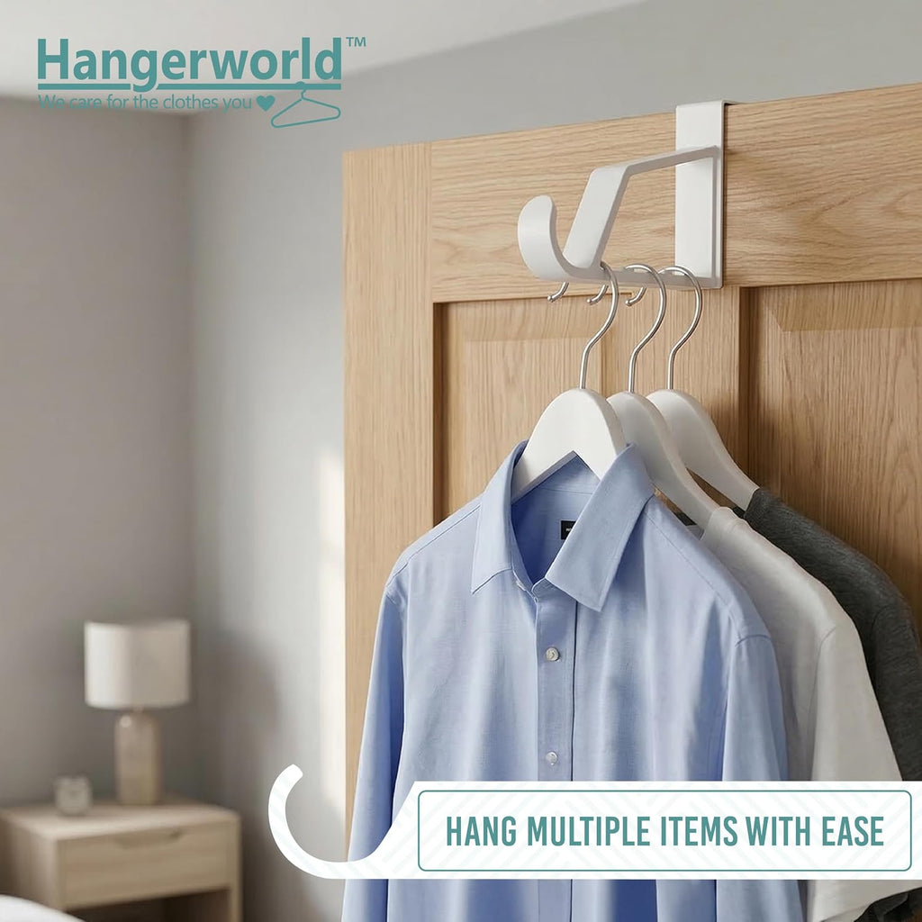 HANGERWORLD 2 Pack Over The Door Hooks for Hangers - Extra Strong White Plastic Over Door Hook for Hanging Clothes, Towels, Robes, Hats, Bags and More