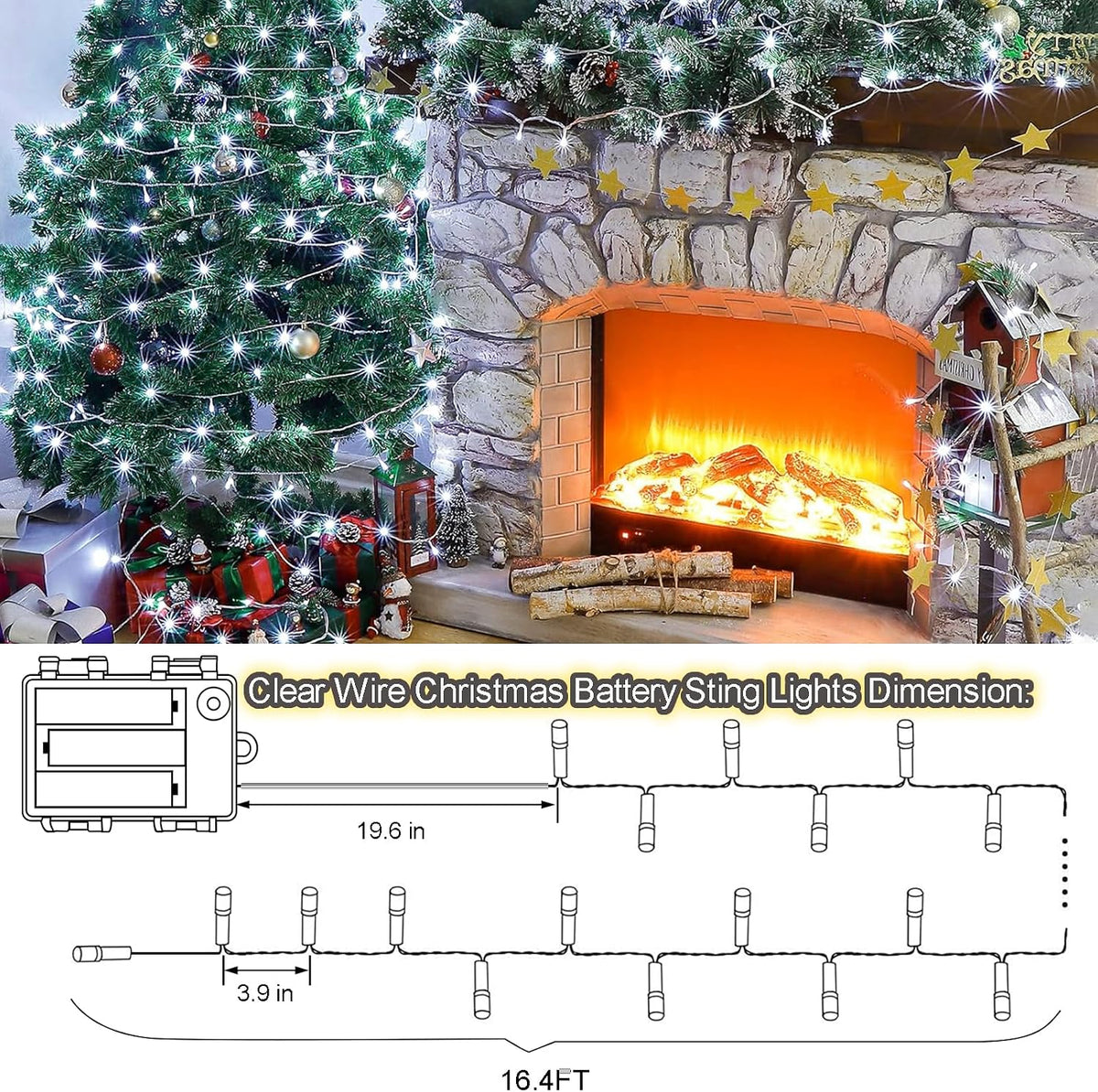 4 Pack Battery Operated Christmas String Lights 16.5Ft 50LED Wreath Lights