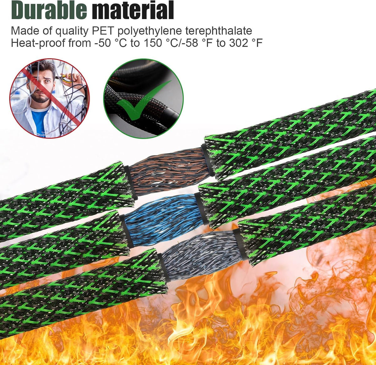 Tatuo 151 ft Braided Cable Sleeve Expandable Wire Sheathing(Green, Black)