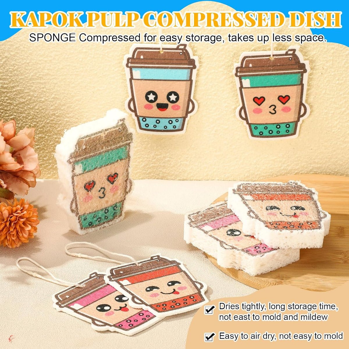 Newtay 8 Pack Cute Kitchen Sponges Dish Set Compressed Non-Scratch Reusable Kitchen Cleaning Household Sponges for Dishes, Pans, Kitchen, Fruit, Plate, Bathroom(Bubble Tea)