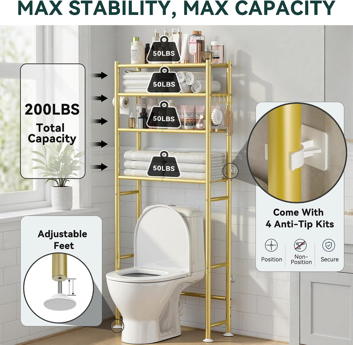 GloTika 4-Tier Over The Toilet Storage Shelves, Gold