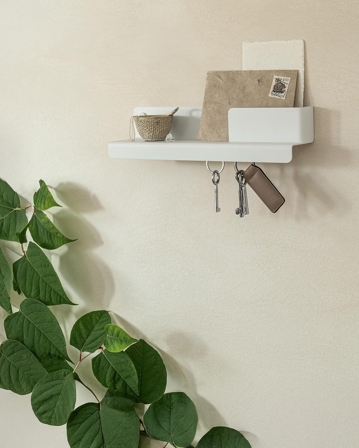 Kazai. Key Holder for Wall 'Holmsen' | Minimalist Key Hooks Design from Berlin | Modern Key Hanger with Metal Shelf | Key Hook Wall Mounted as Hallway Furniture | White