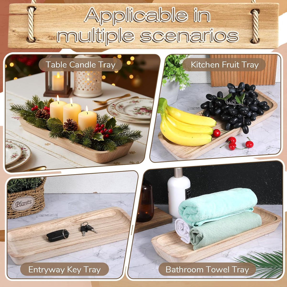 16" Decorative Bowls for Home Decor, Long Wooden Dough Bowl for Home Decors, Decorative Wood Dough Bowls, Rustic Farmhouse Decoratives Bowl Long Narrow Wooden Tray for Dining Table Decors Centerpiece