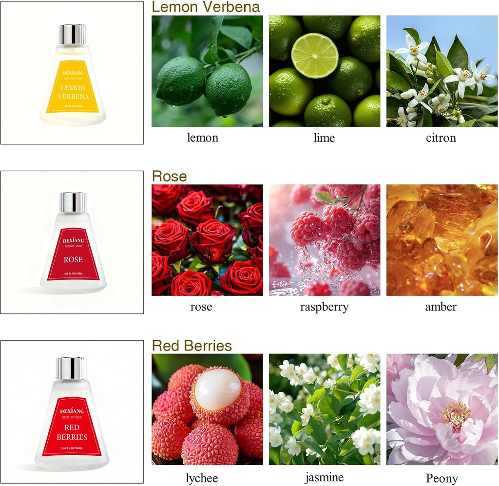 Reed Diffuser Set of 3 Packs, Lemon Verbena/Rose/red Berry Oil Diffuser Reed Diffuser for for Home, Bathroom, Office Decor 1.7 Fl.oz, Total 5.1Oz