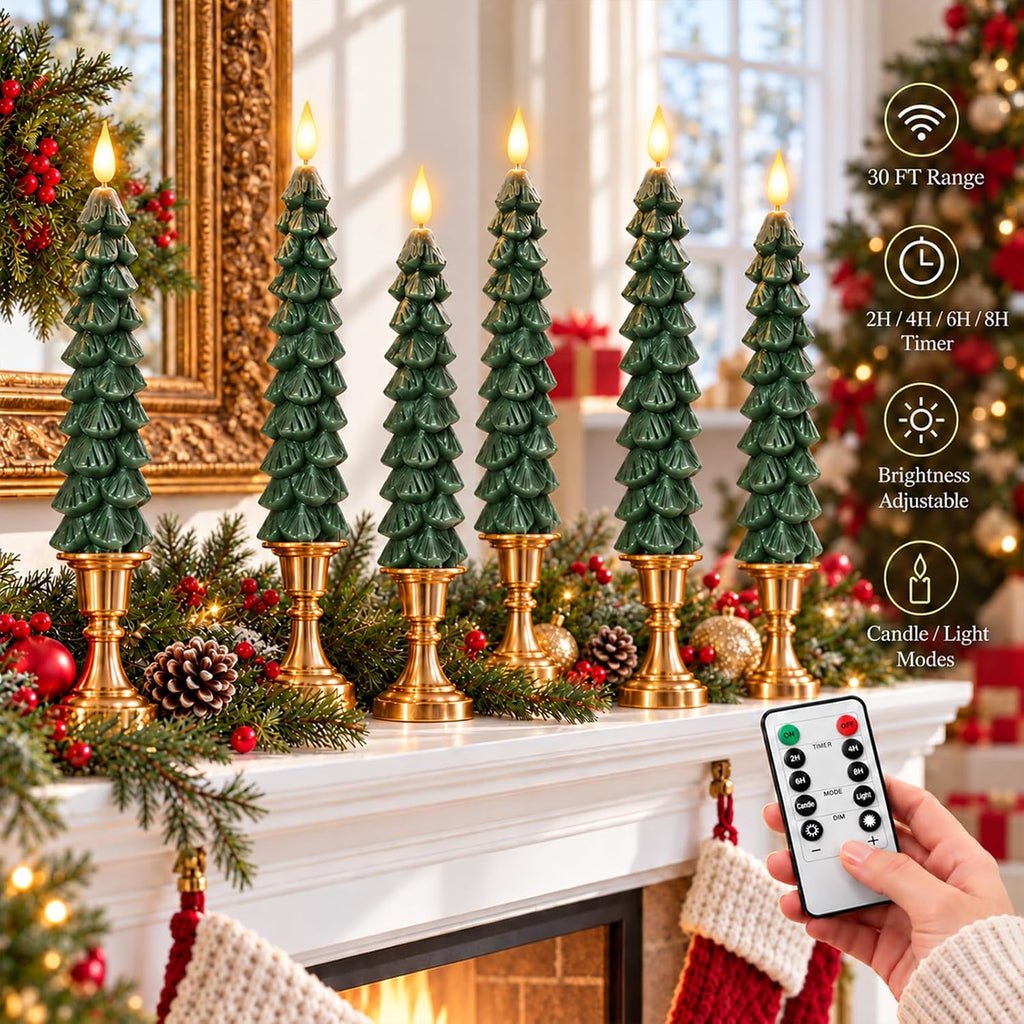 Flameless Christmas Tree Shaped Candles, Taper Xmas Window Decor Gifts