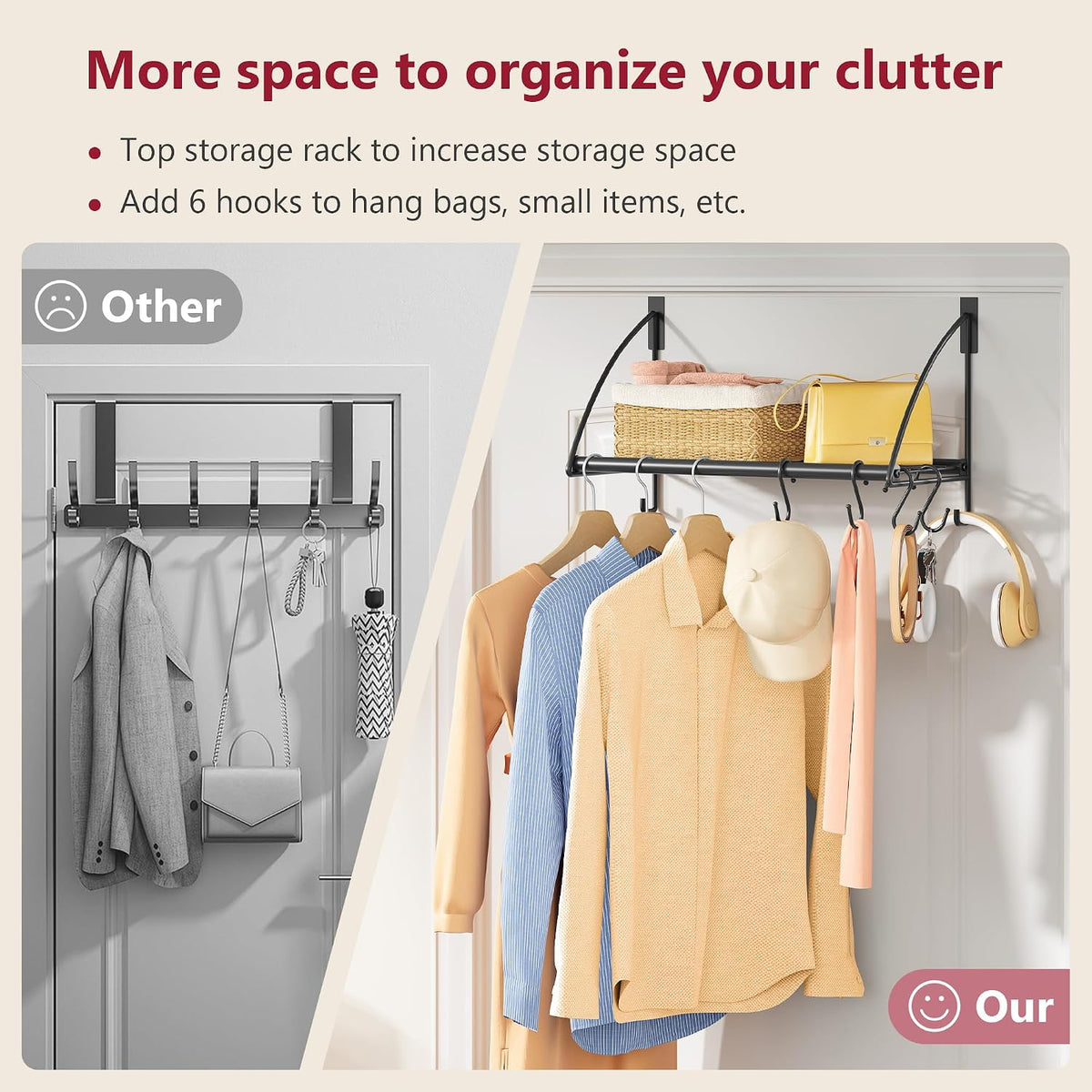 Tajsoon Over the Door Hanger with Storage Rack and 6 Hooks, 16.54" Black