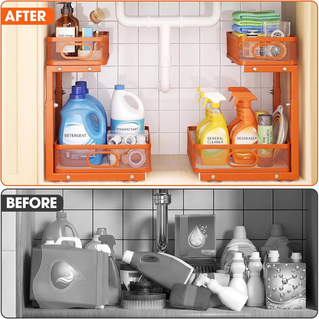 Under Sink Organizer 4-Pack, Metal 2-Tier Pull-Out Cabinet Shelf with Slide-Out Mesh Drawers, Height Adjustable, Space-Saving Under Sink Storage Racks for Kitchen, Bathroom, Laundry Room, Orange