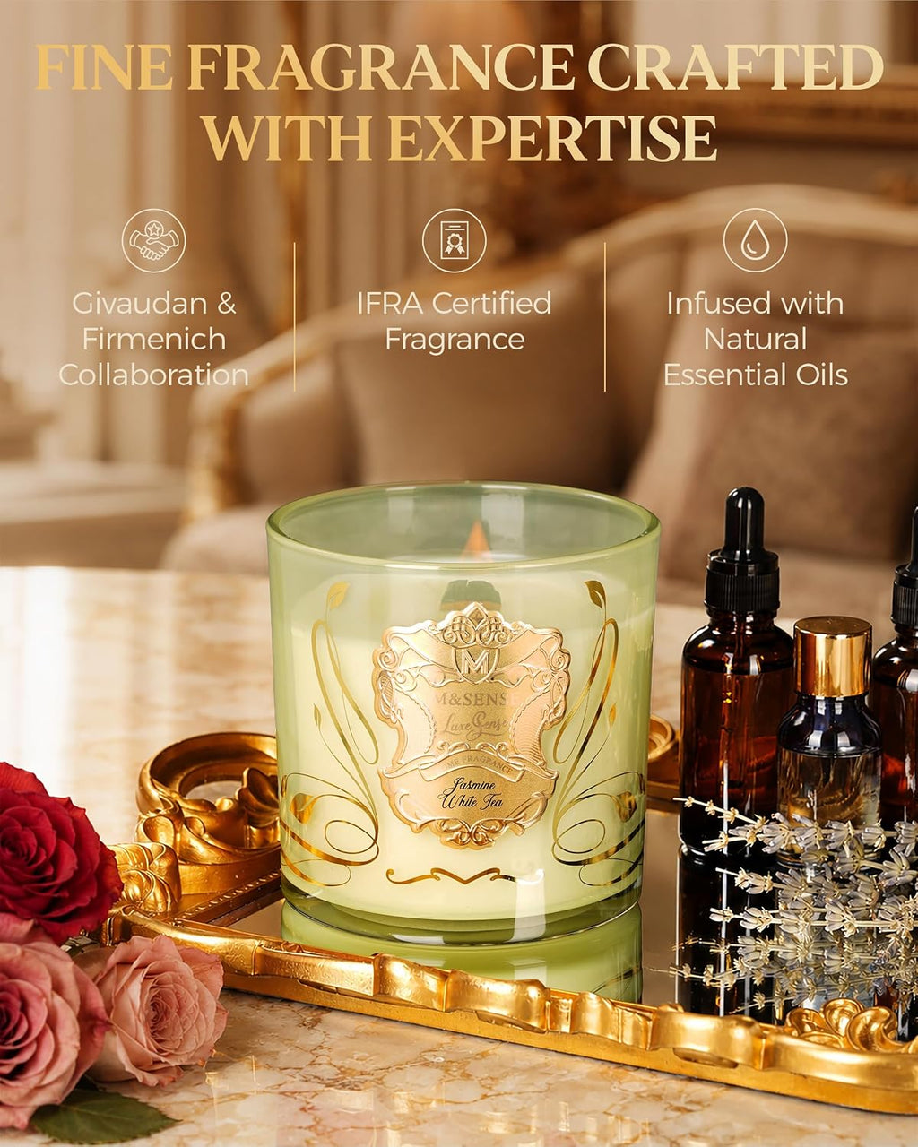 M&SENSE Jasmine White Tea Scented Crackling Wooden Wick Candle 13oz 75h