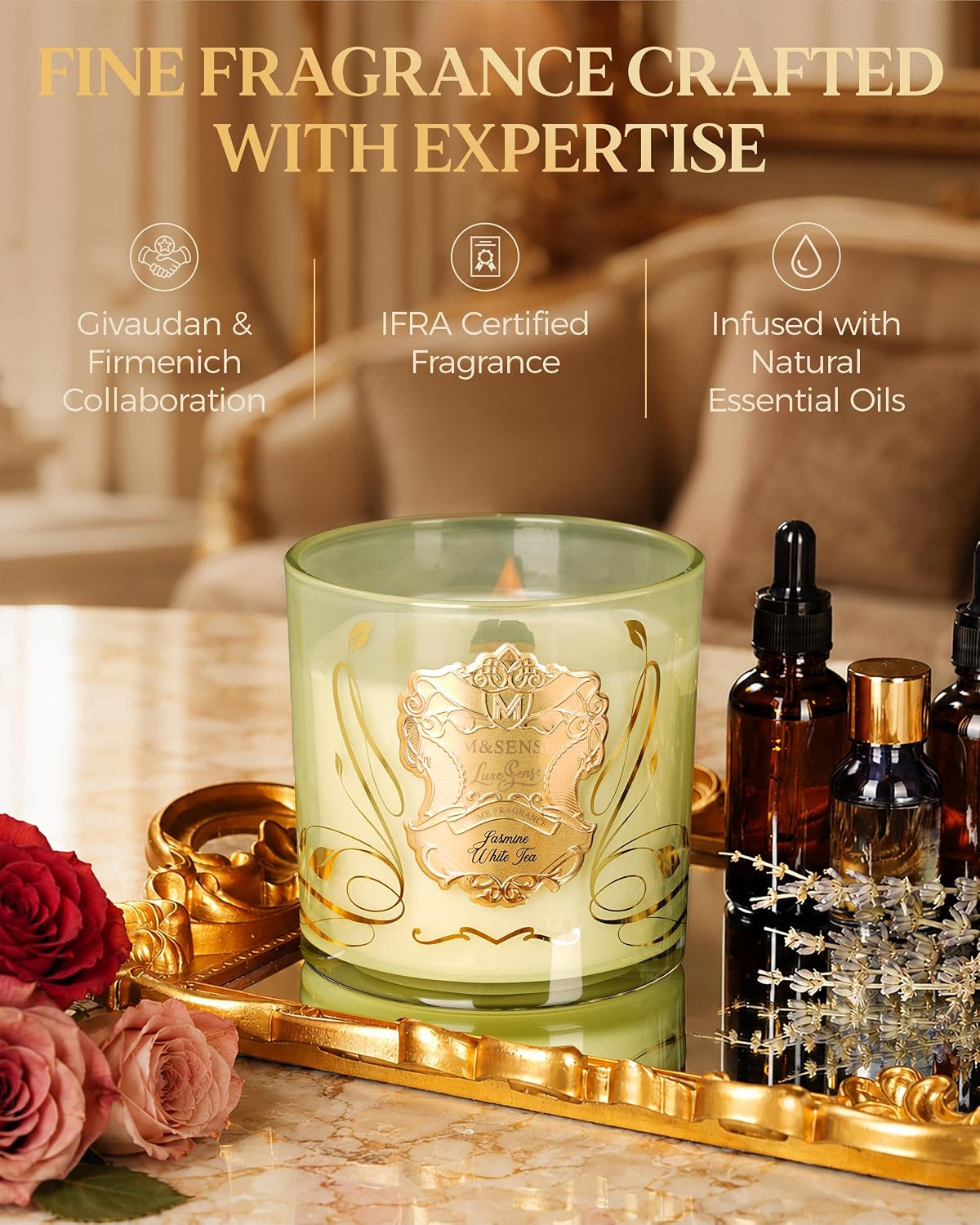 M&SENSE Jasmine White Tea Scented Crackling Wooden Wick Candle 13oz 75h