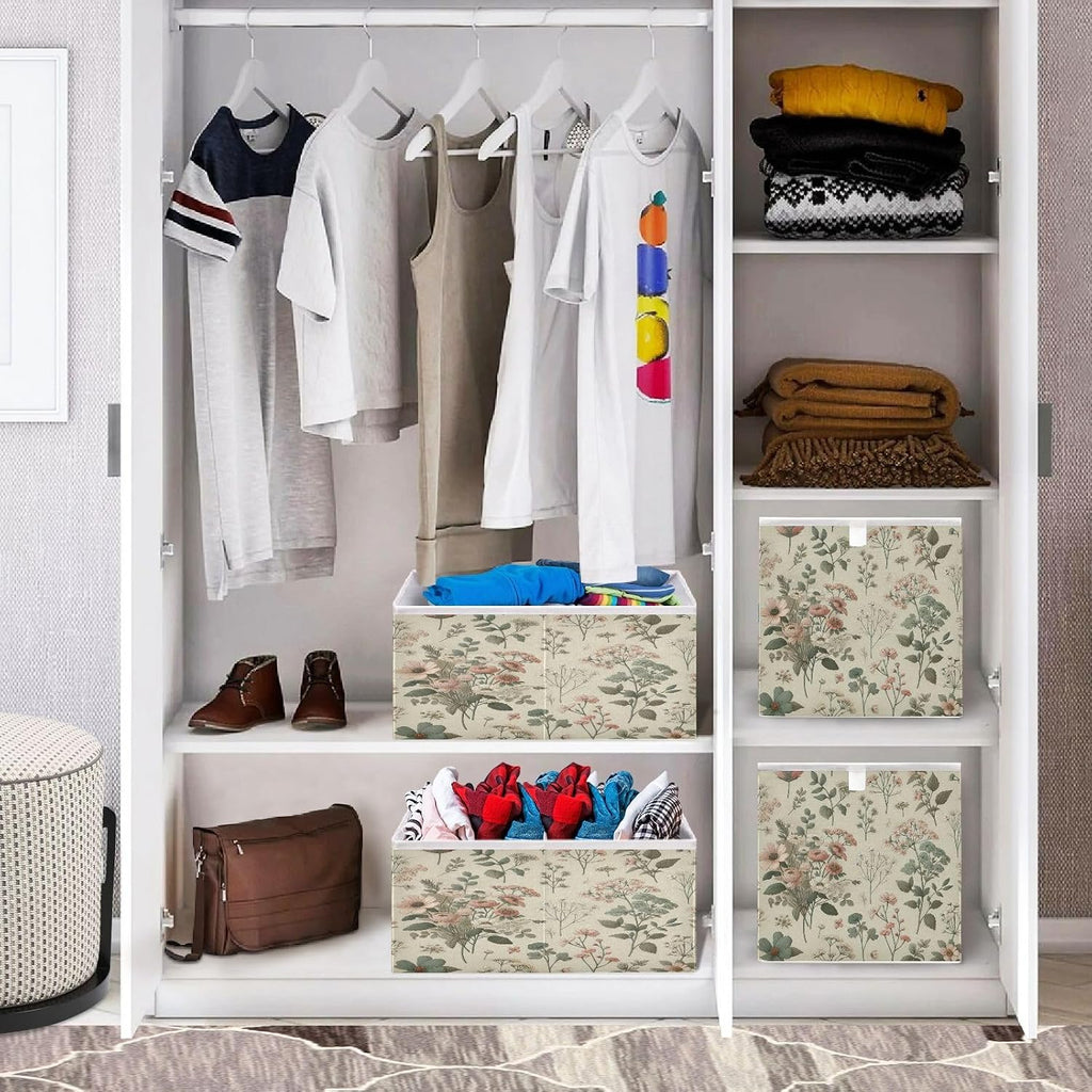 Vintage Small Floral Storage Cubes 11x11 Inch Foldable Fabric Bins with Handle for Storage and Organization, Ideal Storage Bins for Closet Shelves