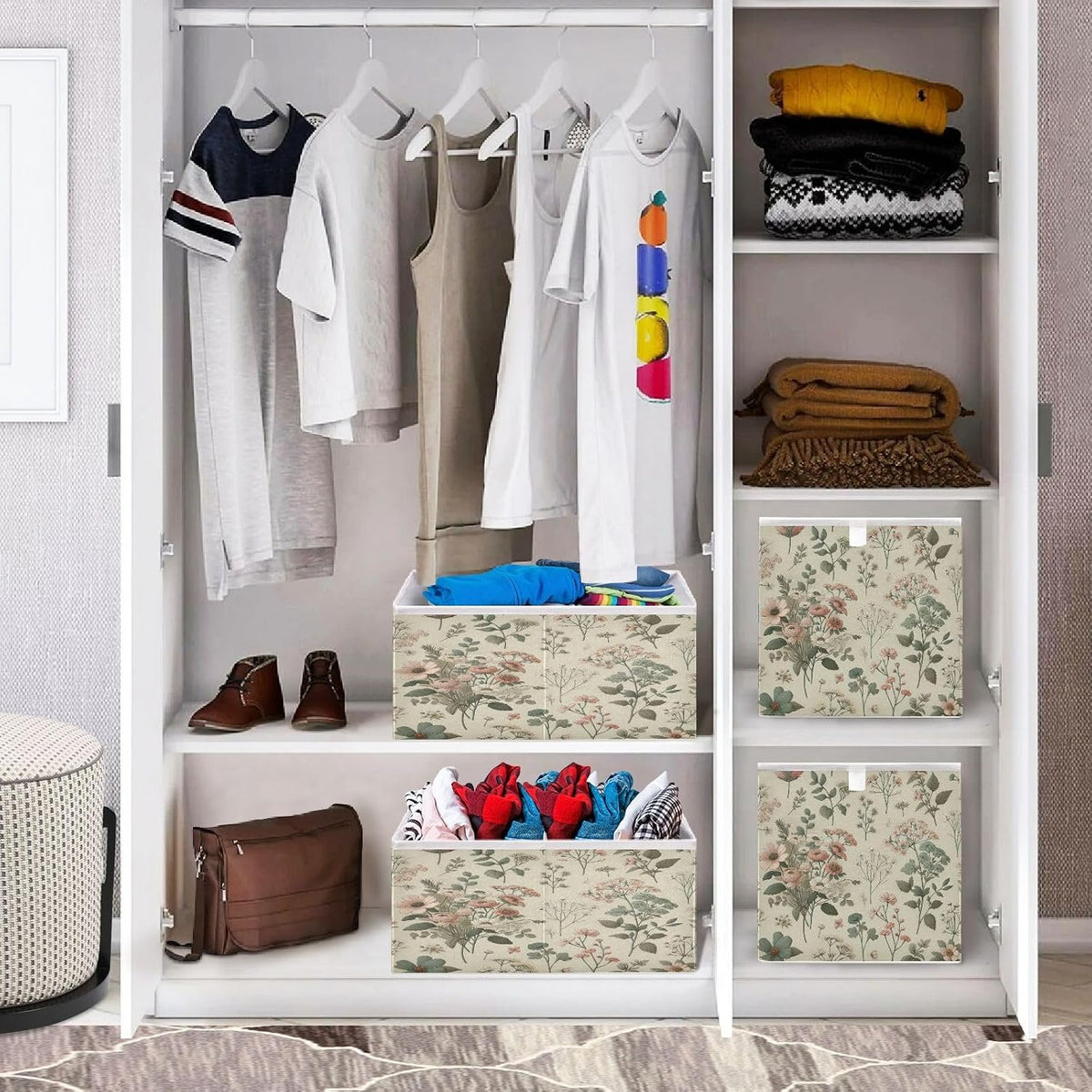 Vintage Small Floral Storage Cubes 11x11 Inch Foldable Fabric Bins with Handle for Storage and Organization, Ideal Storage Bins for Closet Shelves