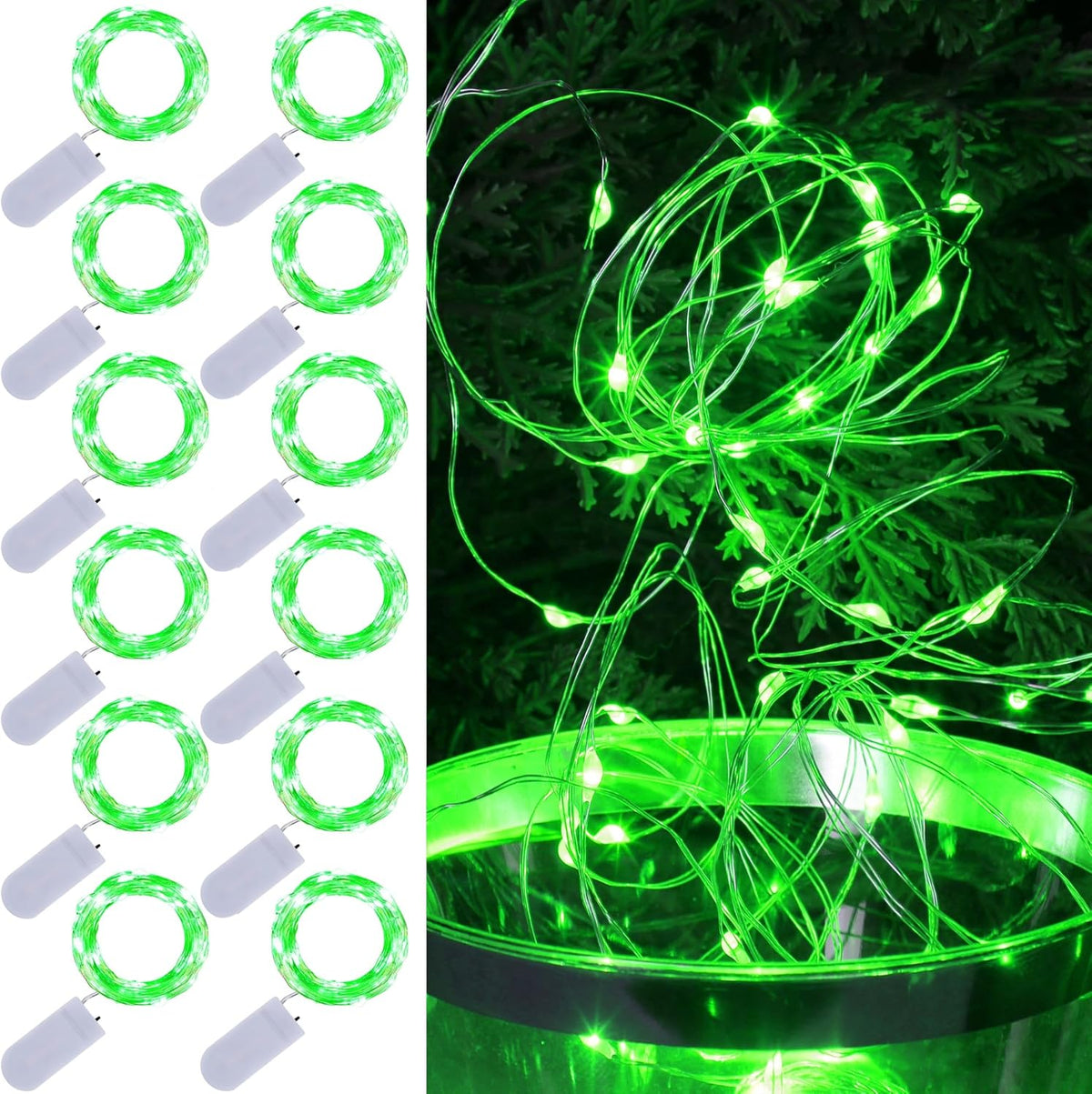 WATERGLIDE 12 Pack St. Patricks Day Fairy Lights Battery Operated (Included), 7 ft 20 LED Mini String Lights, Waterproof Silver Wire Firefly Starry Light for DIY Christmas Mason Jars Decor, Green