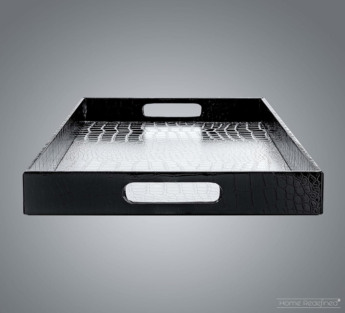 Home Redefined 17.5"x12" Silver & Black Glossy Crocodile Faux Leather Serving Tray Beautiful Modern Elegant Decorative Tray with Handles Ottoman Coffee Table Tv Remote Storage for All Occasion's