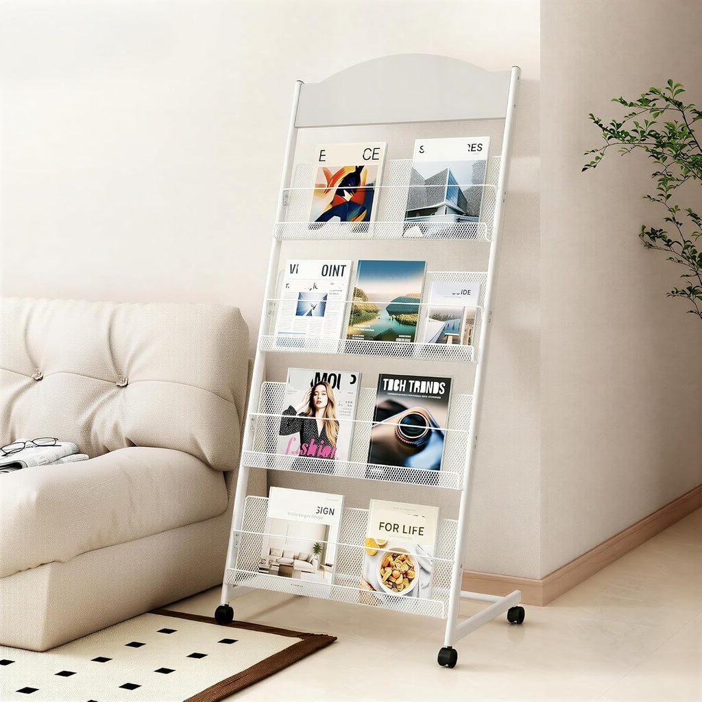 lesolar Floor-Standing Magazine Rack, 4-tier Newspaper Holder with Wheels
