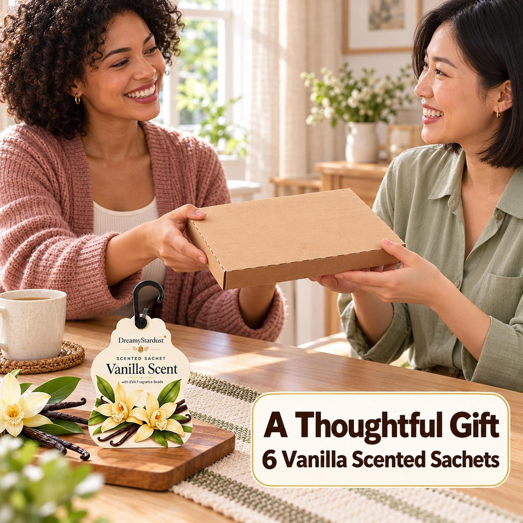 Vanilla Scented Sachets for Drawers & Closets, 6 Pack Hanging Fragrance Sachets with EVA Beads for Wardrobe, Car, Shoe Cabinet and Bathroom, 0.35 oz Each