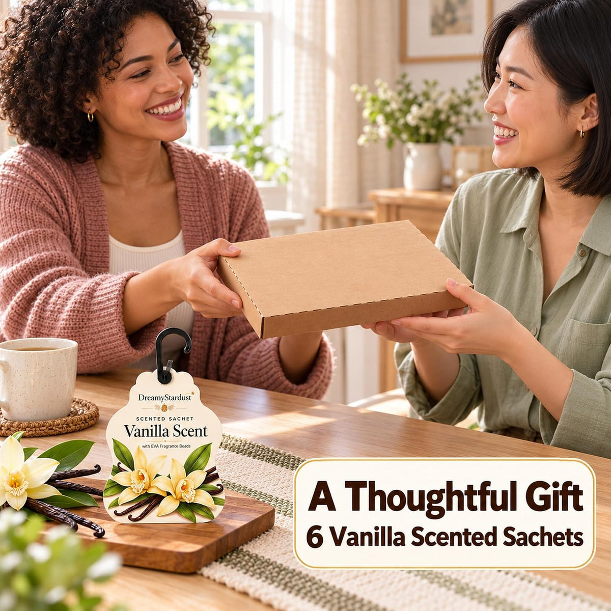 Vanilla Scented Sachets for Drawers & Closets, 6 Pack Hanging Fragrance Sachets with EVA Beads for Wardrobe, Car, Shoe Cabinet and Bathroom, 0.35 oz Each
