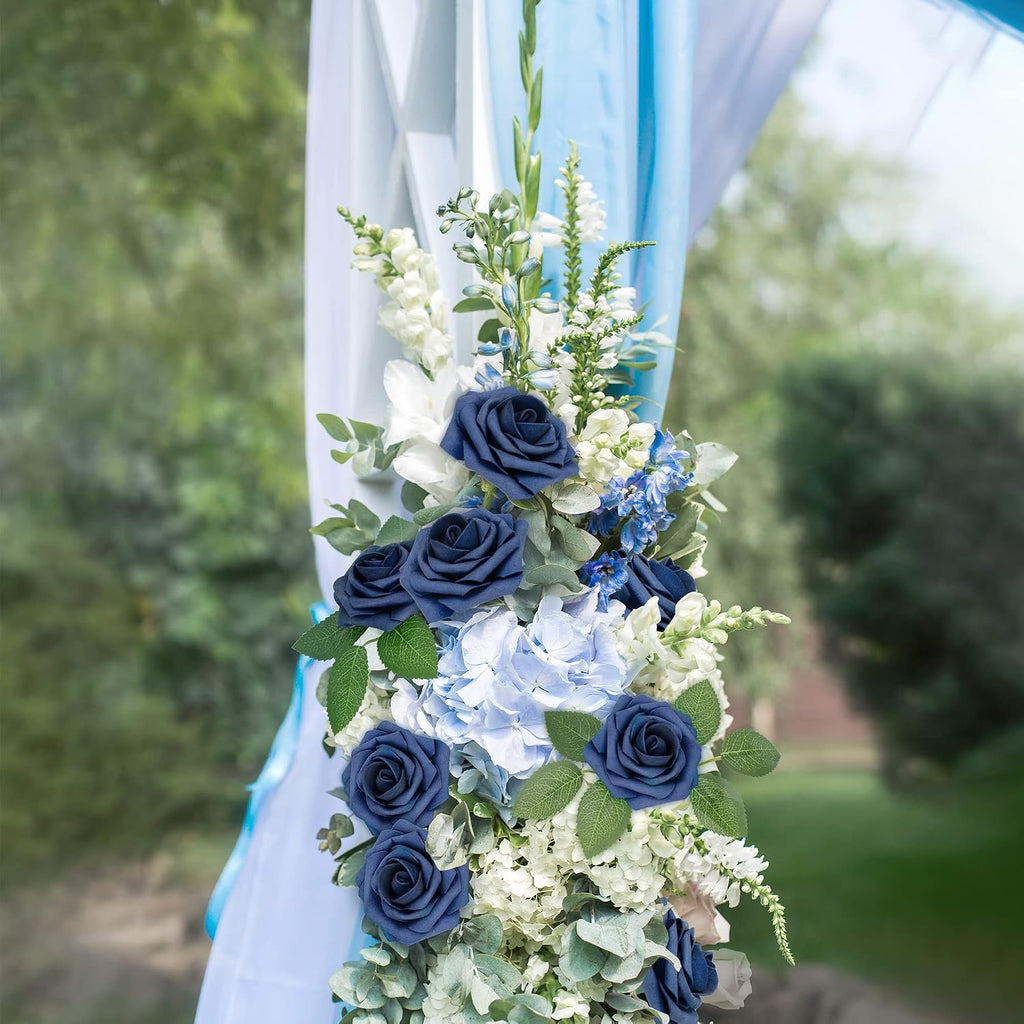 Mocoosy 50Pcs Roses Artificial Flowers, Navy Blue Fake Roses for Decorations, Real Touch Foam Rose Bulk with Stems DIY Wedding Bouquet Bridal Shower Centerpieces Floral Arrangement Party Table Decor