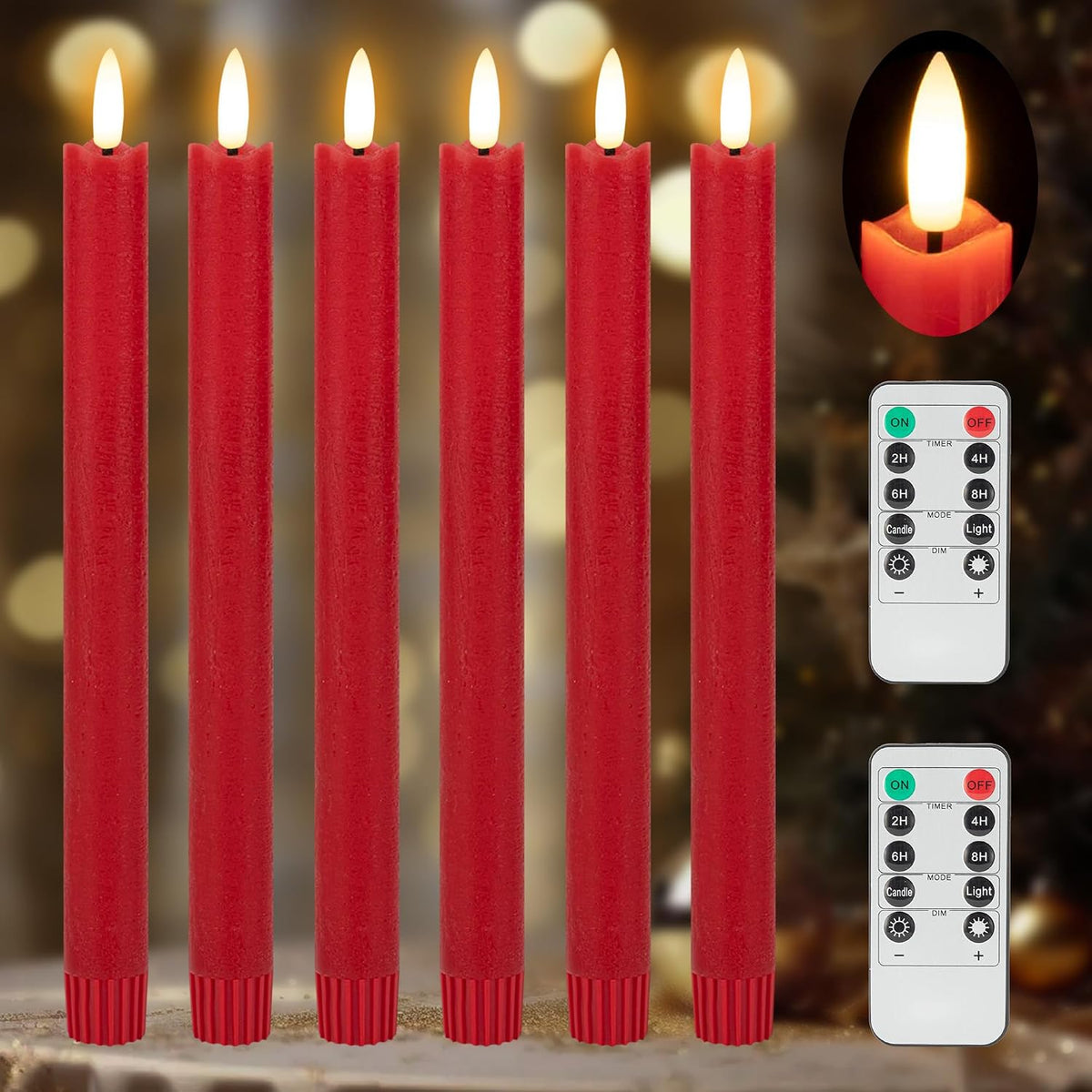 JOIONE Red Flameless Taper Candles with Remote, 6 Pack Flickering Tapers