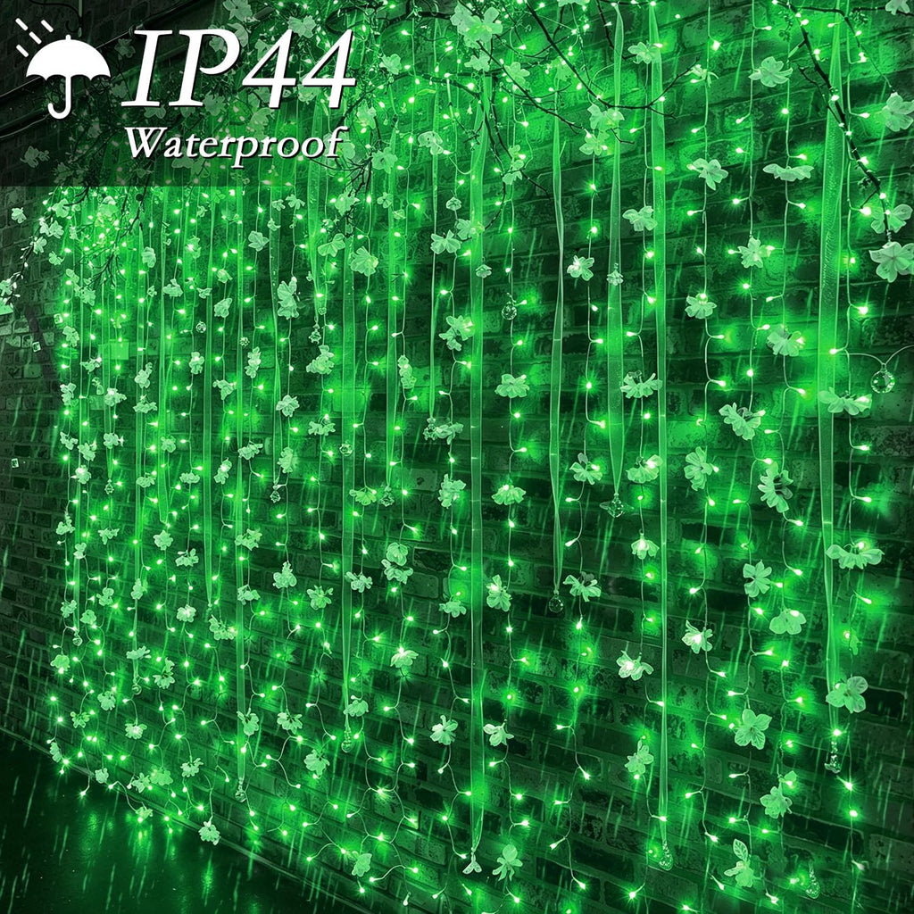 300 LED Green Curtain String Lights 9.8x9.8FT, Plug in Fairy Lights, 9 Hooks, Dimmable Timer 8 Modes, IP44 Waterproof, Gaming Room Wall Summer Patio Party Jungle Window Indoor Outdoor Decor