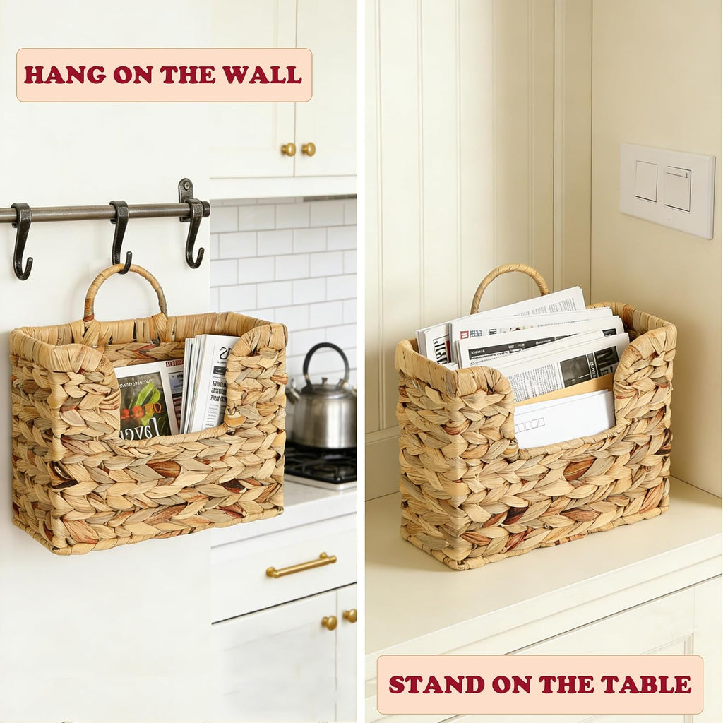 Hanging Magazine Basket, Woven Wall Magazine Holder Organizer with Handle for Mail, Files, Books - Water Hyacinth Farmhouse Storage Rack for Bathroom, Kitchen, Office