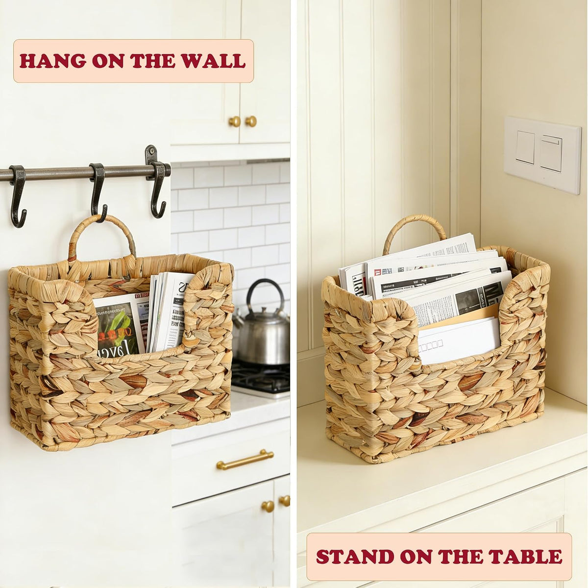 Hanging Magazine Basket, Woven Wall Magazine Holder Organizer with Handle for Mail, Files, Books - Water Hyacinth Farmhouse Storage Rack for Bathroom, Kitchen, Office