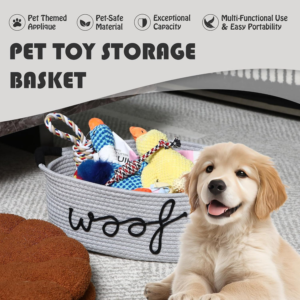 Sea Team Dog Toy Storage Basket with Handles, Gray Woof