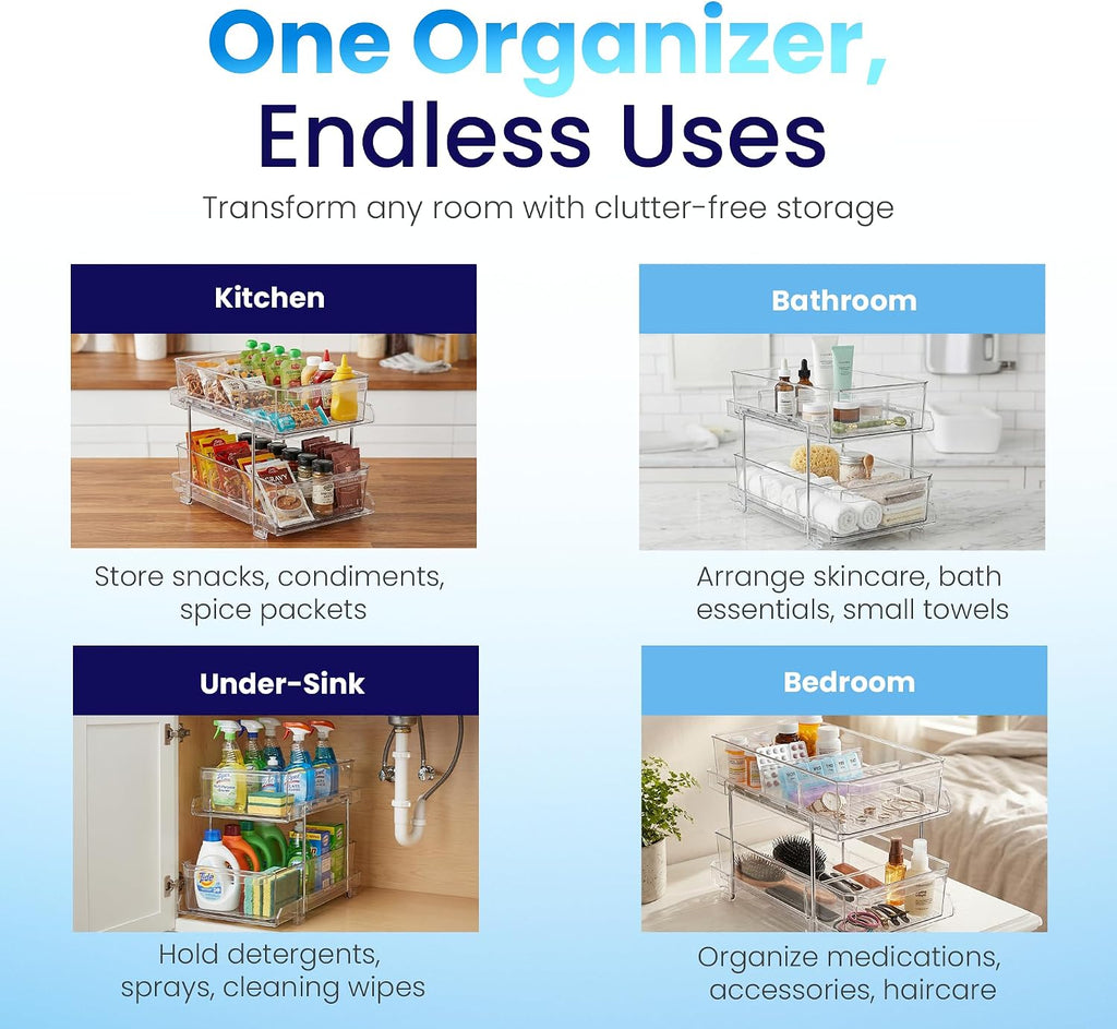 Masirs 2-Tier Clear Pull-Out Drawer Organizer - Sleek, Compact & Sturdy Makeup and Closet Organizer - Easy Assembly Kitchen Storage Solution, Ideal for Makeup, Tools, Medicines 4-Pack