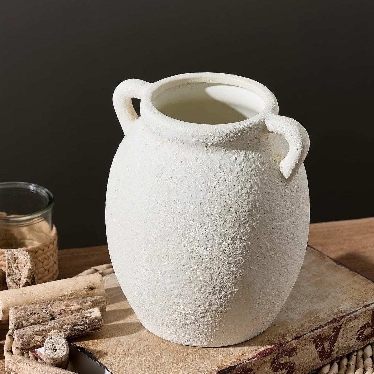 Dobbyby Ceramic Flower Vase 7.6 inch Farmhouse Rustic Vase Decorative Pottery Terracotta Vases for Home Decor Table Mantle Fireplace Living Room Bathroom Wedding Centerpiece (White-Upgraded)