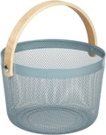 IBWell Bucket-Shape Metal Wire Woven Fruit Storage Bowl Basket with Wooden Handle, Large Black Mesh Fruit Stand, Multi-function Hanging Kitchen Baskets (Blue Grey)