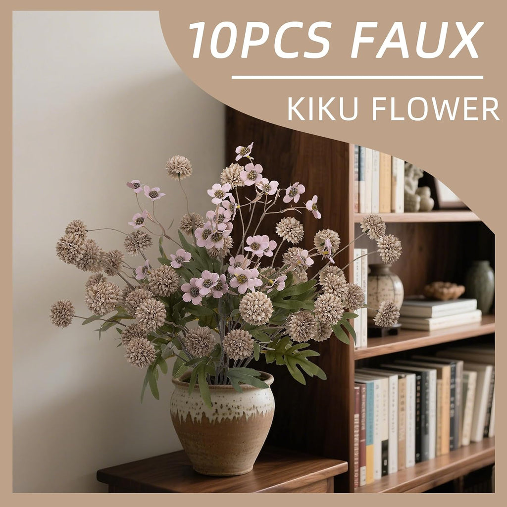 Mixed 10 Pcs Artificial Pompon Mum Set-8 Chrysanthemum & 2 Rose Red Daisy, Brown Silk Faux Flower for Vase Fall Floral Arrangements Wedding Centerpiece DIY Home Indoor Outdoor Decor (No Vase)