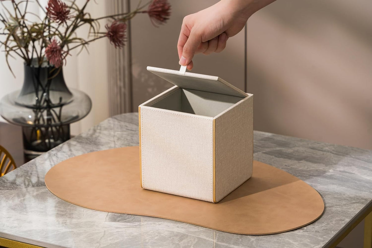 Ukwell Square Tissue Box Cover Linen-Textured Faux Leather Tissue Holder with Gold Trim Neutral Modern Home Decor Piece for Home & Office