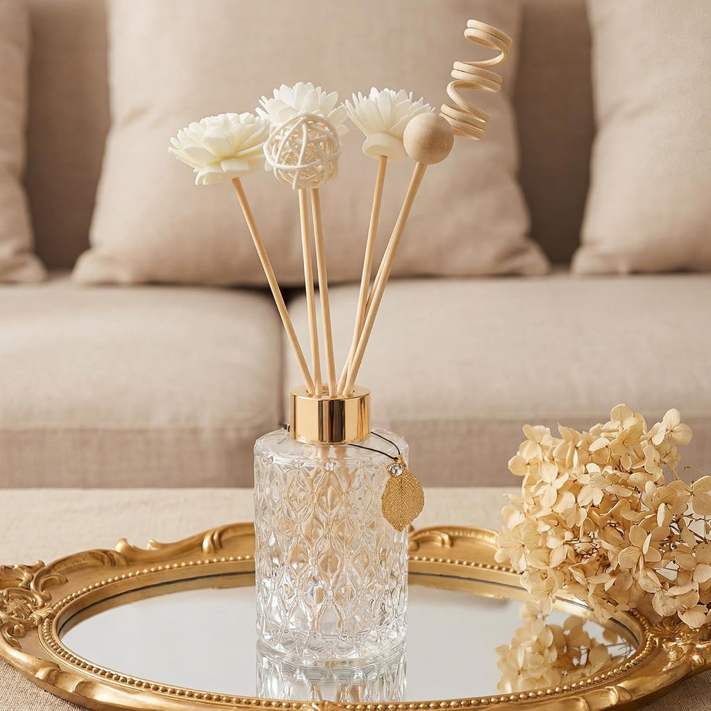 Glass Reed Diffusers Bottles for Home, Diffuser Bottles with Reed Diffuser Sticks Set, Vintage Embossed Apothecary Style Flower Bud Vases with Cork Lids, Set of 3