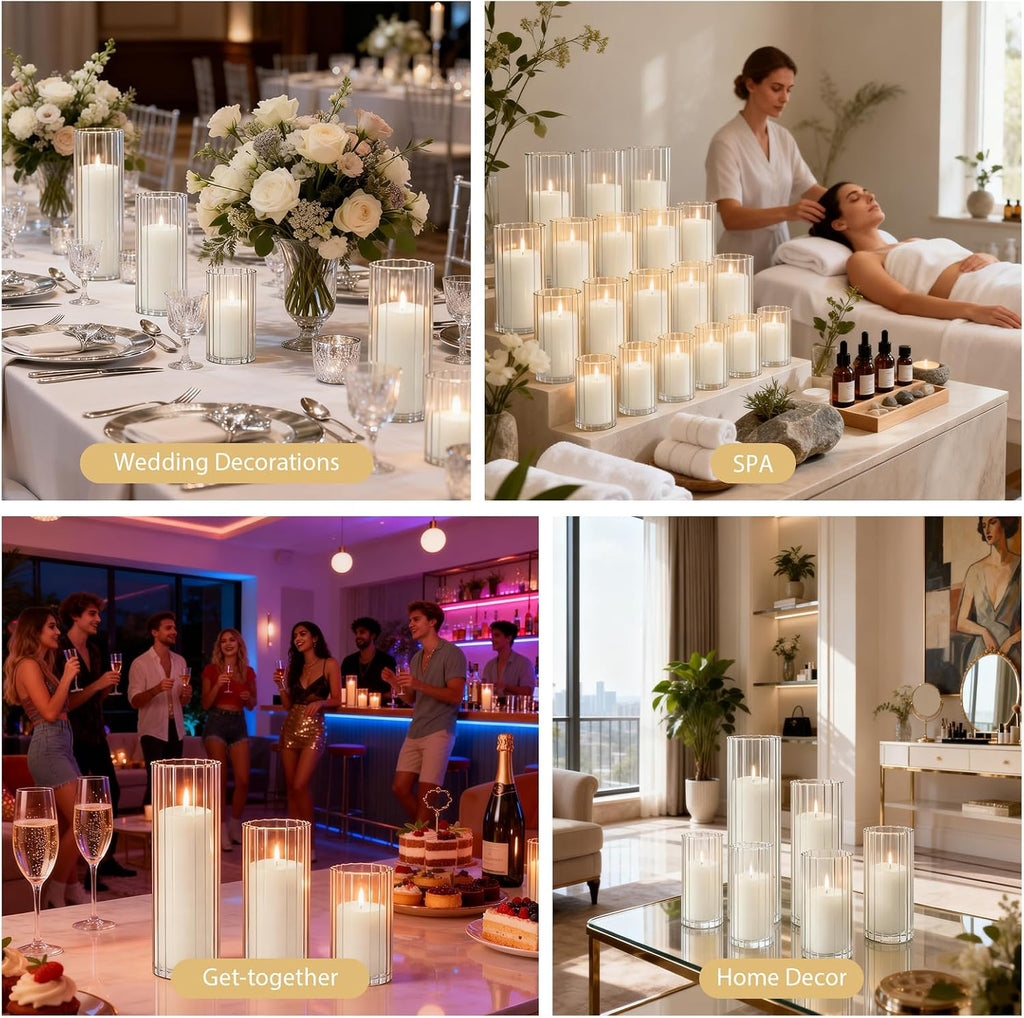 12 Pack White Pillar Candles + 12 Pack Vertical Ribbed Clear Glass Cylinder Holders, Hurricane Candle Shades for Wedding, Home, Party Table Centerpieces Decor