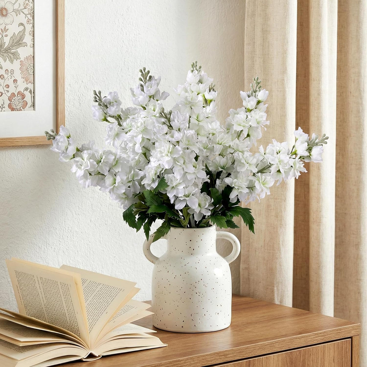 Fake Flowers 23.6” Delphinium Artificial Flowers 8Pcs Silk Flowers with Stems Long Stem Artificial Flowers for Tall Vase Faux Flowers for Indoor Home Decoration Wedding Decoration Centerpiece White