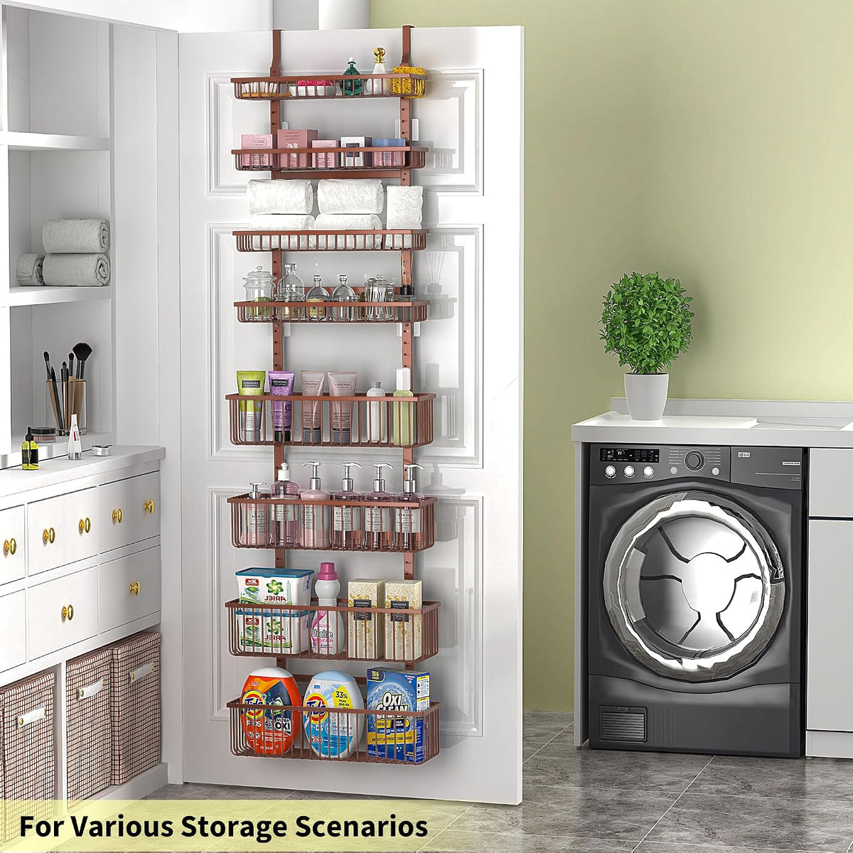 Moforoco Over The Door Pantry Organizer, Pantry Door Organizer Shelves, Kitchen Organizers and Storage, Hanging Basket Wall Spice Rack Seasoning Shelves, Laundry Room Bathroom accessories（Brown ）