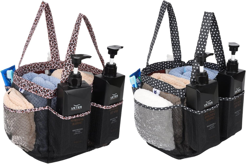 2 Pack Haundry Mesh Shower Caddy Tote Bag Hanging Portable Toiletry Bag College Dorm Essentials Quick Dry Bath Organizer for College Dorms, Gym, Camp for Bathroom Accessories(Leopard print)