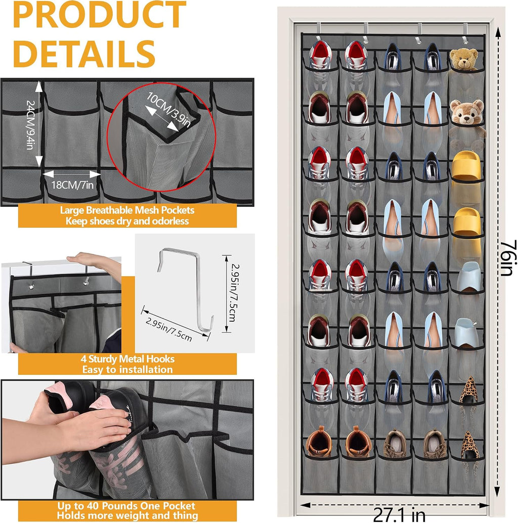 Over the Door Shoe Organizer, 40 Large Mesh Pockets Hanging Shoe Rack Organizer for Closet Behind The Door Storage Holder for Entryway Bedroom Dorm Gray