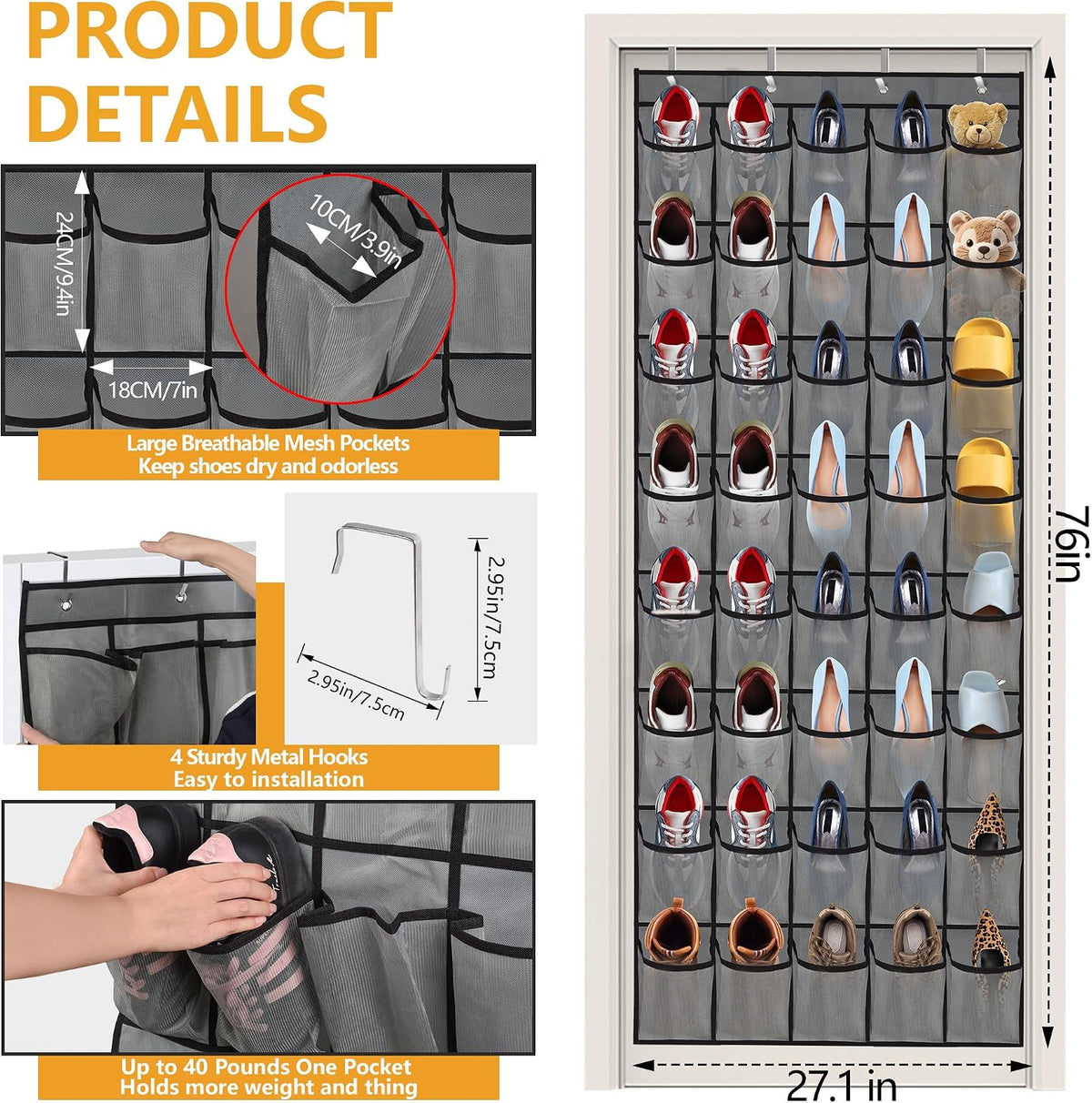Over the Door Shoe Organizer, 40 Large Mesh Pockets Hanging Shoe Rack Organizer for Closet Behind The Door Storage Holder for Entryway Bedroom Dorm Gray