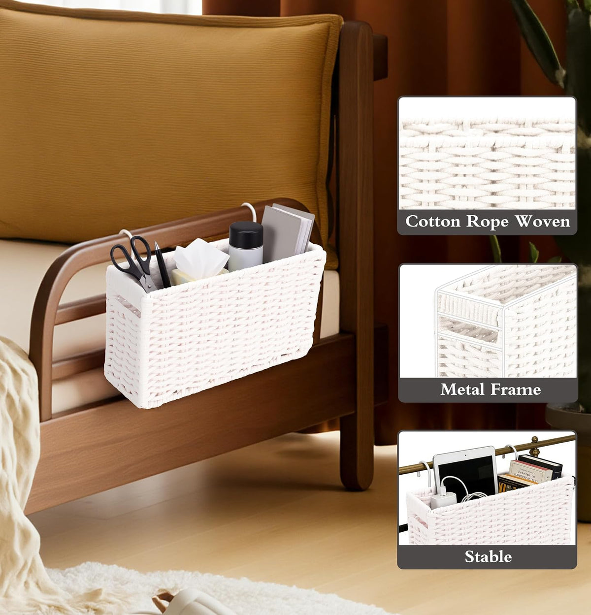 Cotton Rope Woven Bedside Caddy for Dorm Bed, Foldable Bedside Shelf Bunk Bed Accessories, College Dorm Room Essentials Hanging Organizers Storage Basket, Room Decor Magazine File Holder (White)